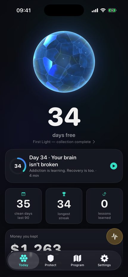 Silex home screen: 34 days free, today's lesson, and the money kept so far.