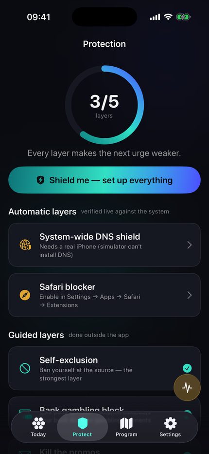 Protection screen listing the five blocking layers and their status.